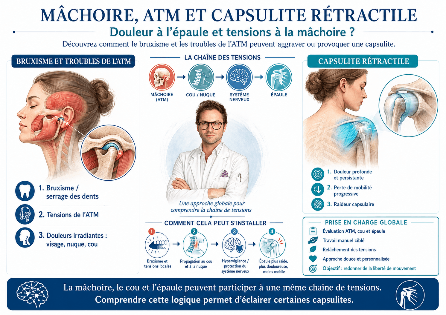 Illustration des connexions entre le bruxisme, la mâchoire et la capsulite de l'épaule