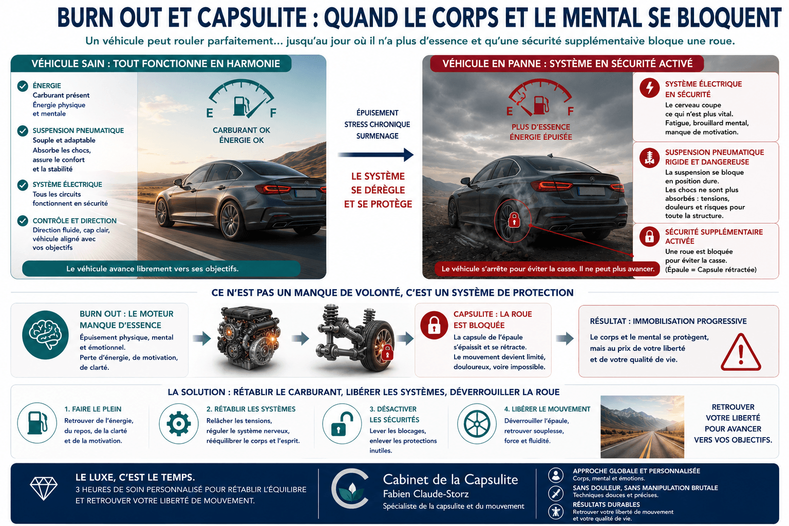 Illustration burn-out et capsulite rétractile : stress, épaule bloquée et système nerveux