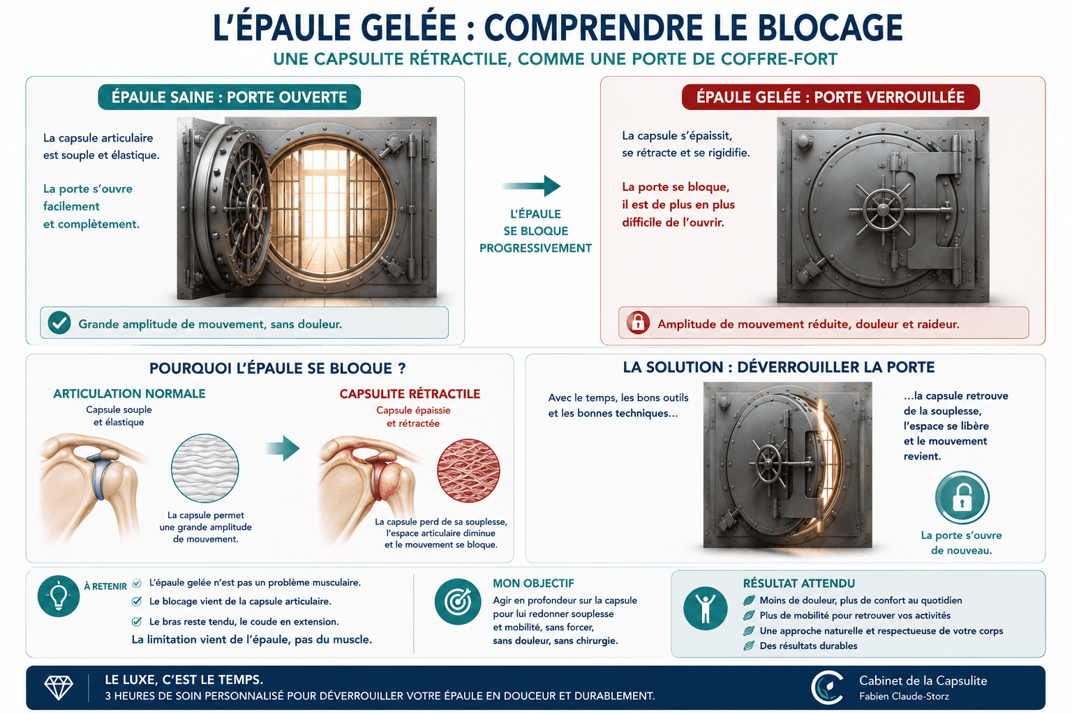 L'épaule gelée : comprendre le blocage — épaule saine porte ouverte vs capsulite porte verrouillée